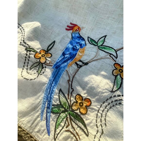 Arts & Crafts Linen Embroidery Table Runner Dresser Scarf Set Bird Of Paradise - Picture 4 of 16